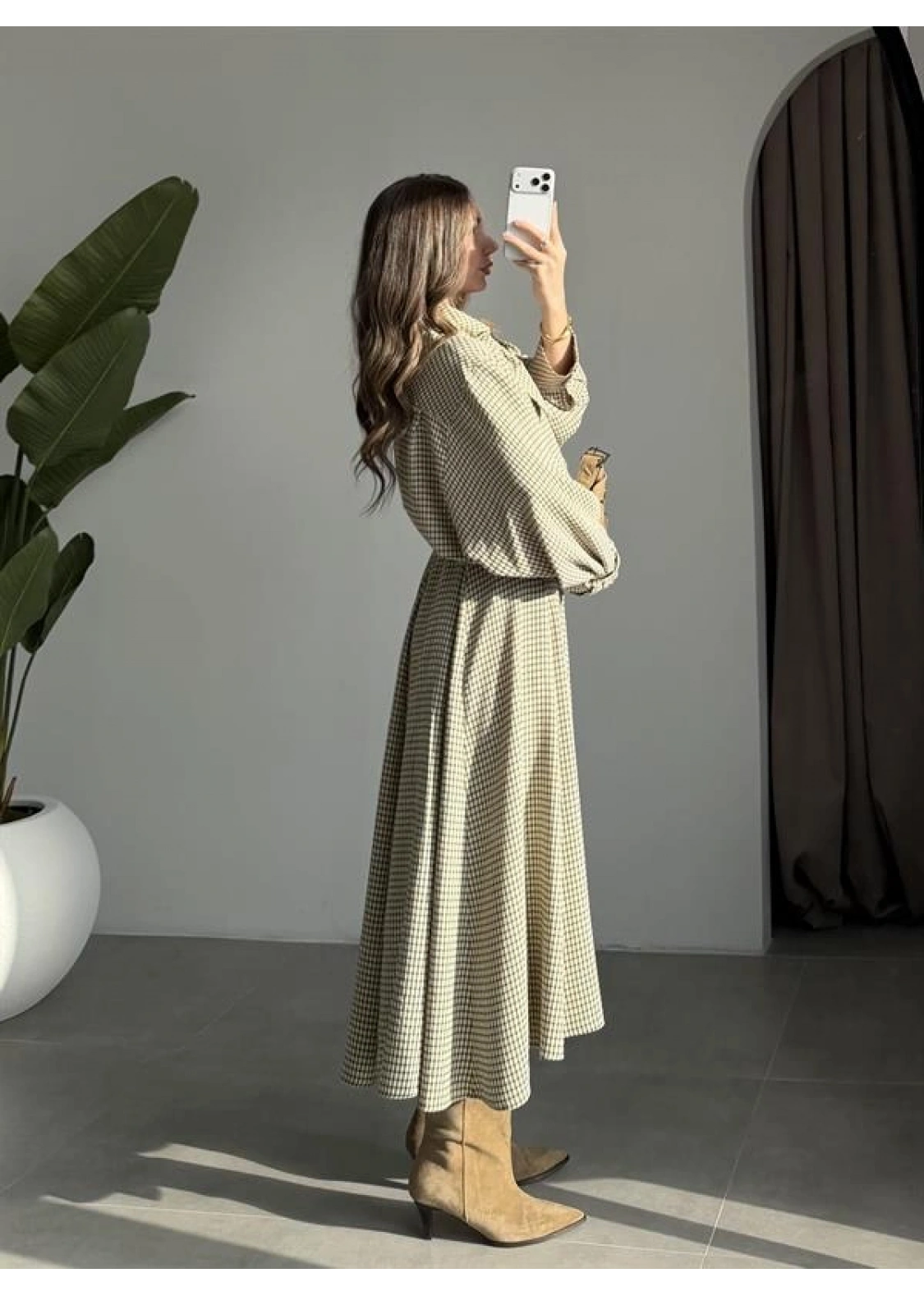 Ekose Fularlı Bej Haki Gömlek Takım