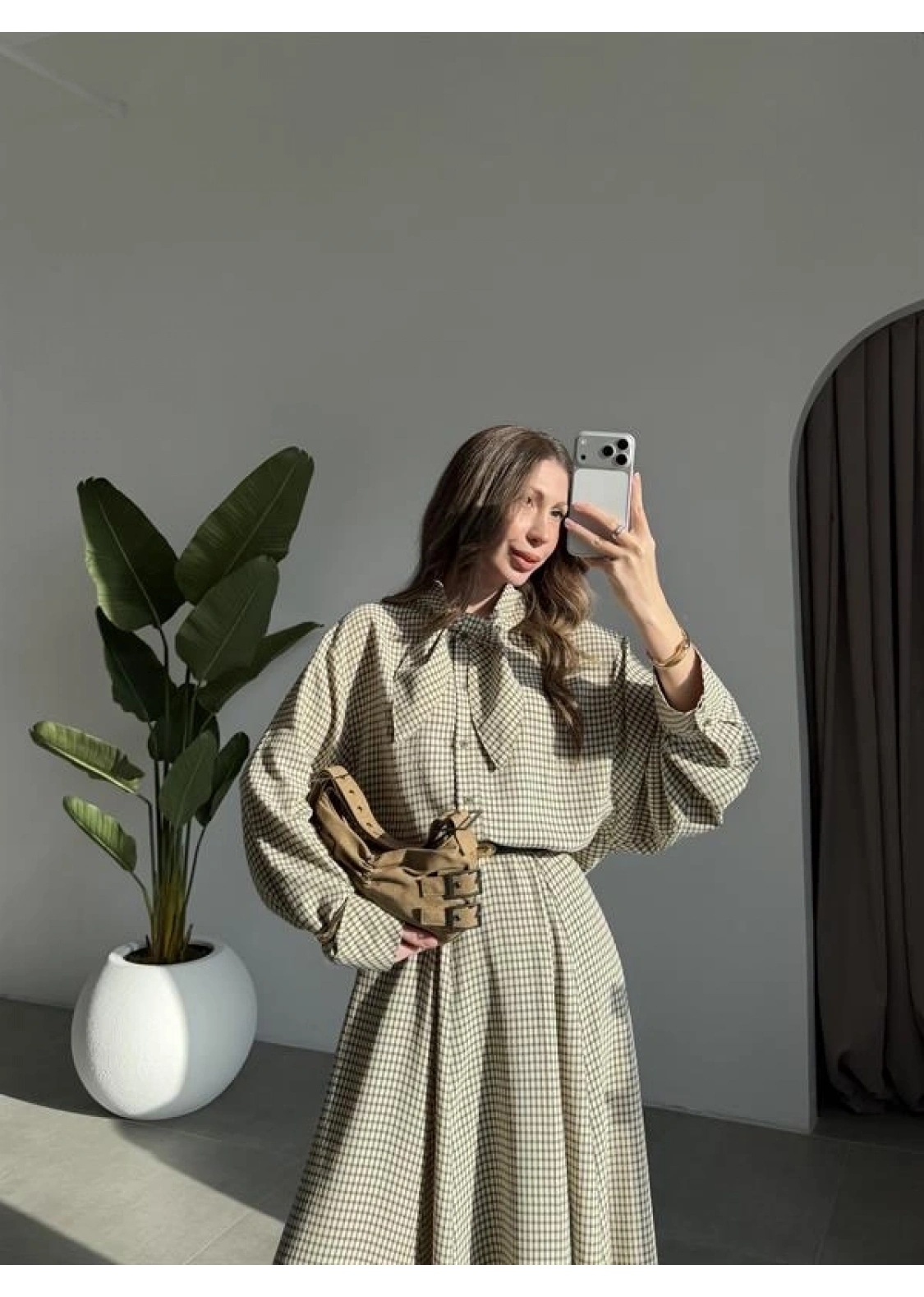 Ekose Fularlı Bej Haki Gömlek Takım