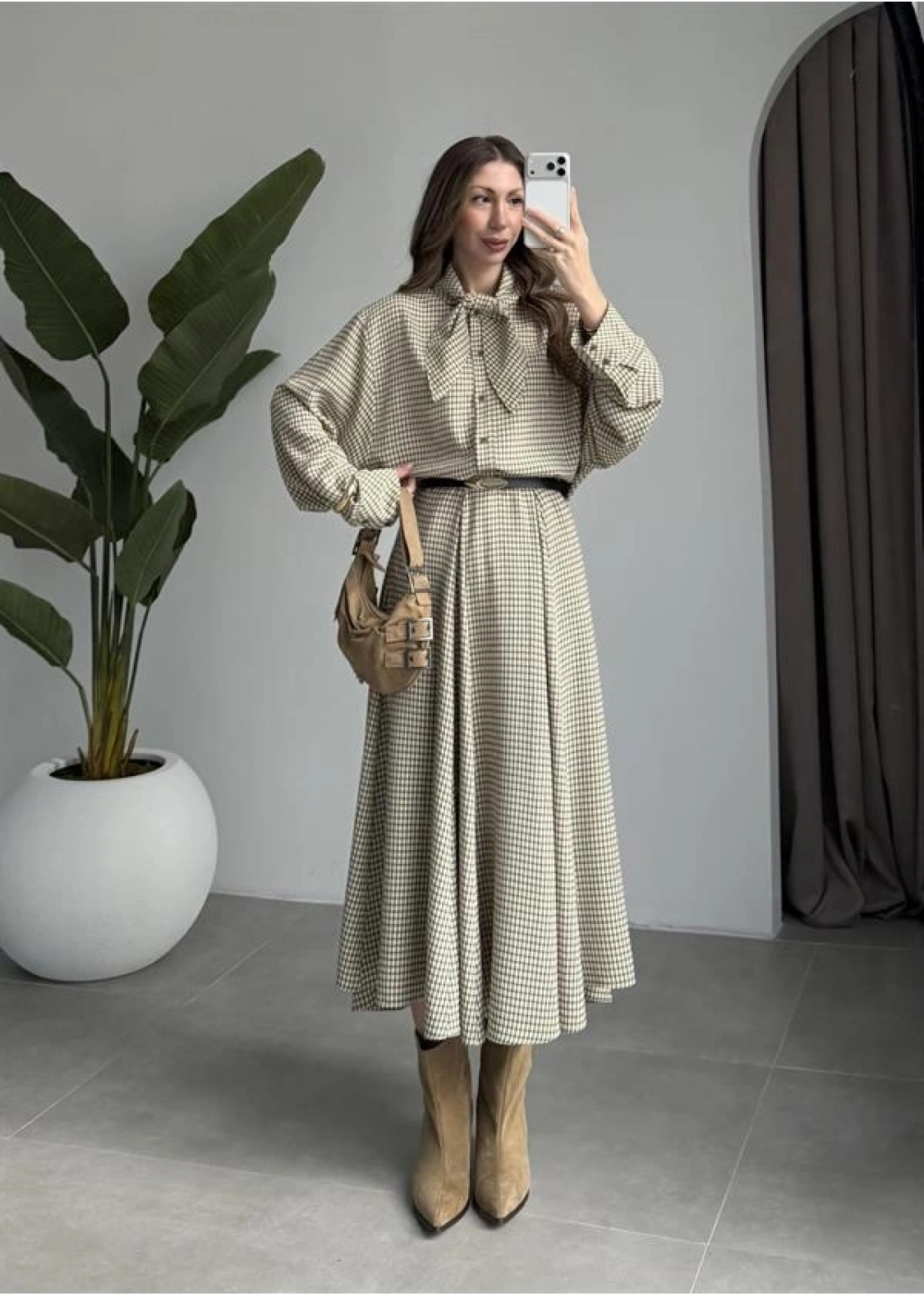 Ekose Fularlı Bej Haki Gömlek Takım