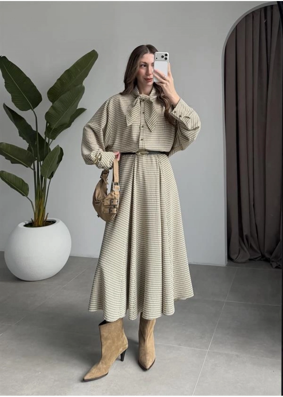 Ekose Fularlı Bej Haki Gömlek Takım