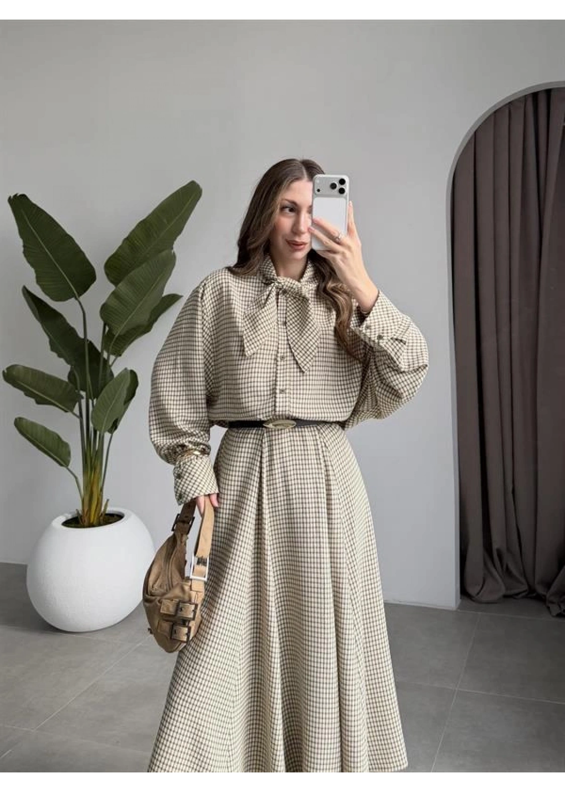 Ekose Fularlı Bej Haki Gömlek Takım