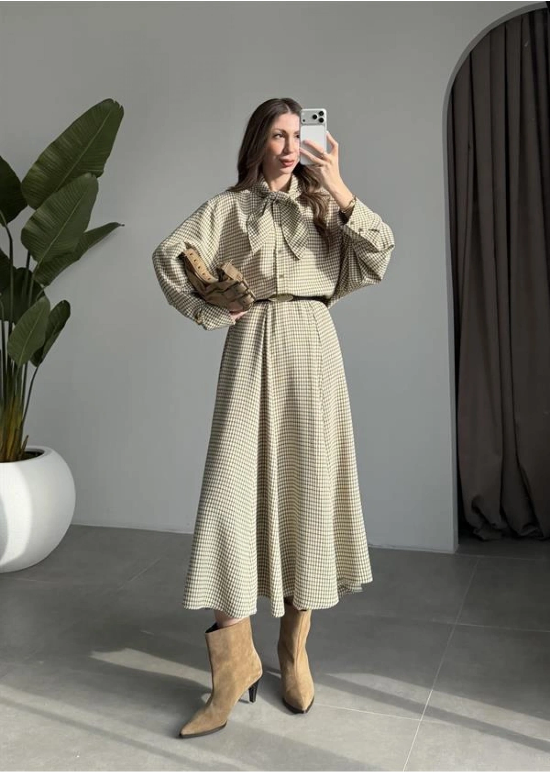 Ekose Fularlı Bej Haki Gömlek Takım