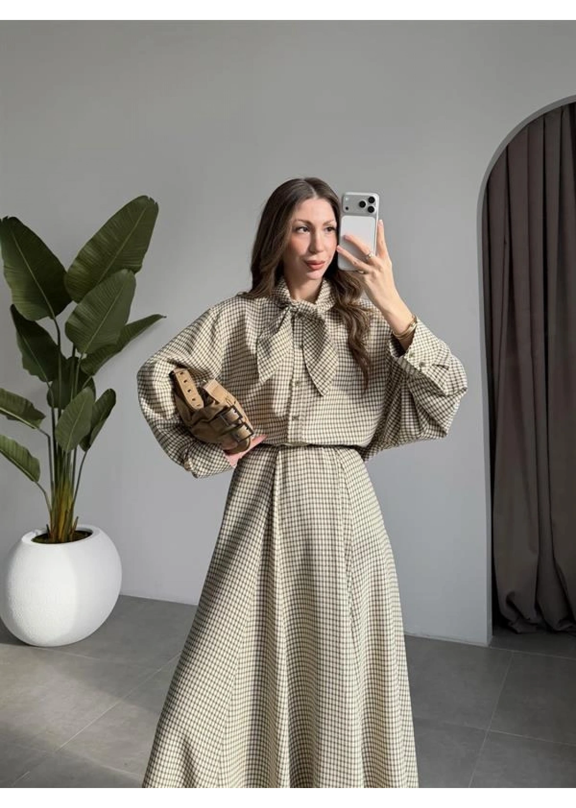 Ekose Fularlı Bej Haki Gömlek Takım