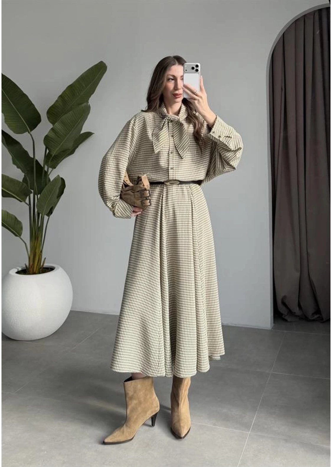 Ekose Fularlı Bej Haki Gömlek Takım