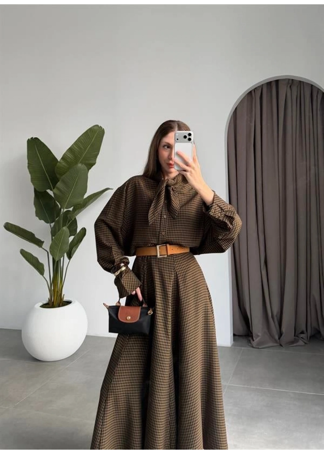 Ekose Fularlı Siyah Haki Gömlek Takım