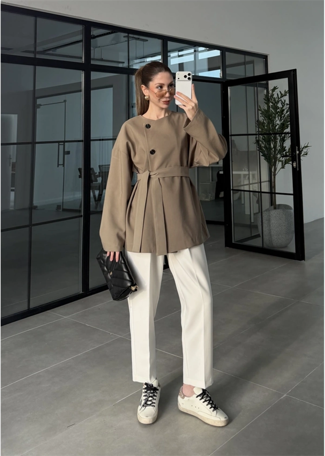 Elara Üç Düğme Kuşaklı Haki Ceket