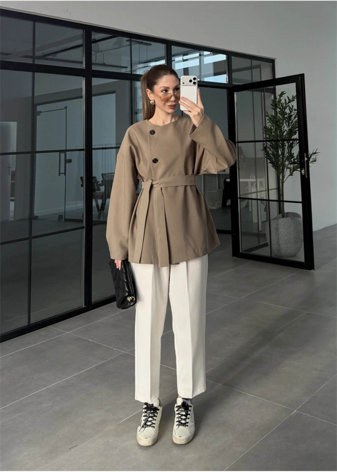 Elara Üç Düğme Kuşaklı Haki Ceket