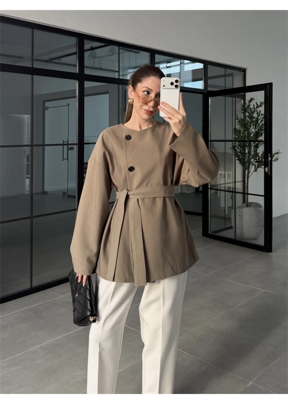 Elara Üç Düğme Kuşaklı Haki Ceket