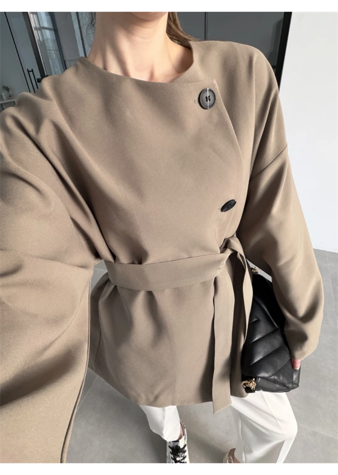 Elara Üç Düğme Kuşaklı Haki Ceket