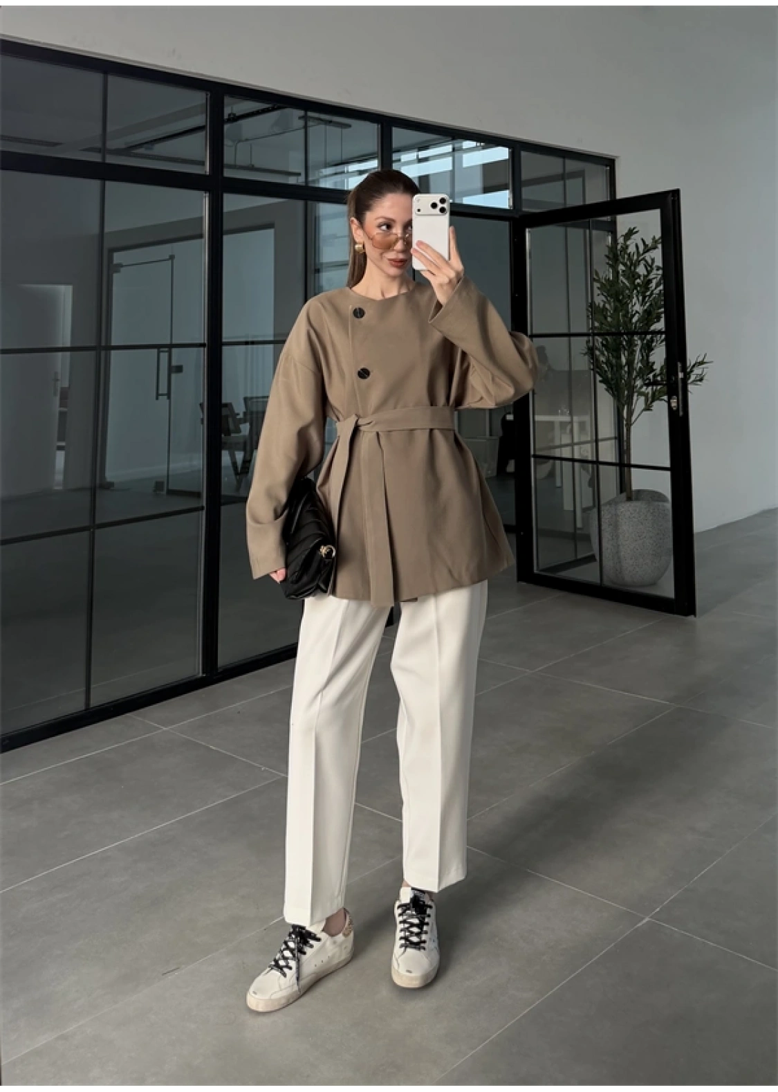 Elara Üç Düğme Kuşaklı Haki Ceket