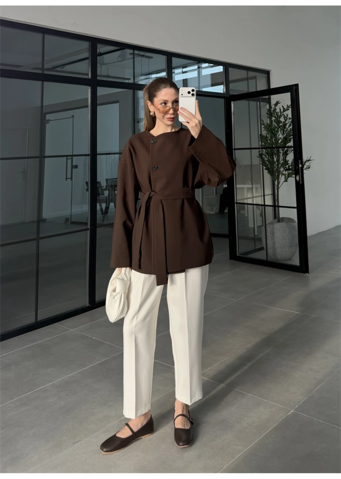 Elara Üç Düğme Kuşaklı Kahve Ceket