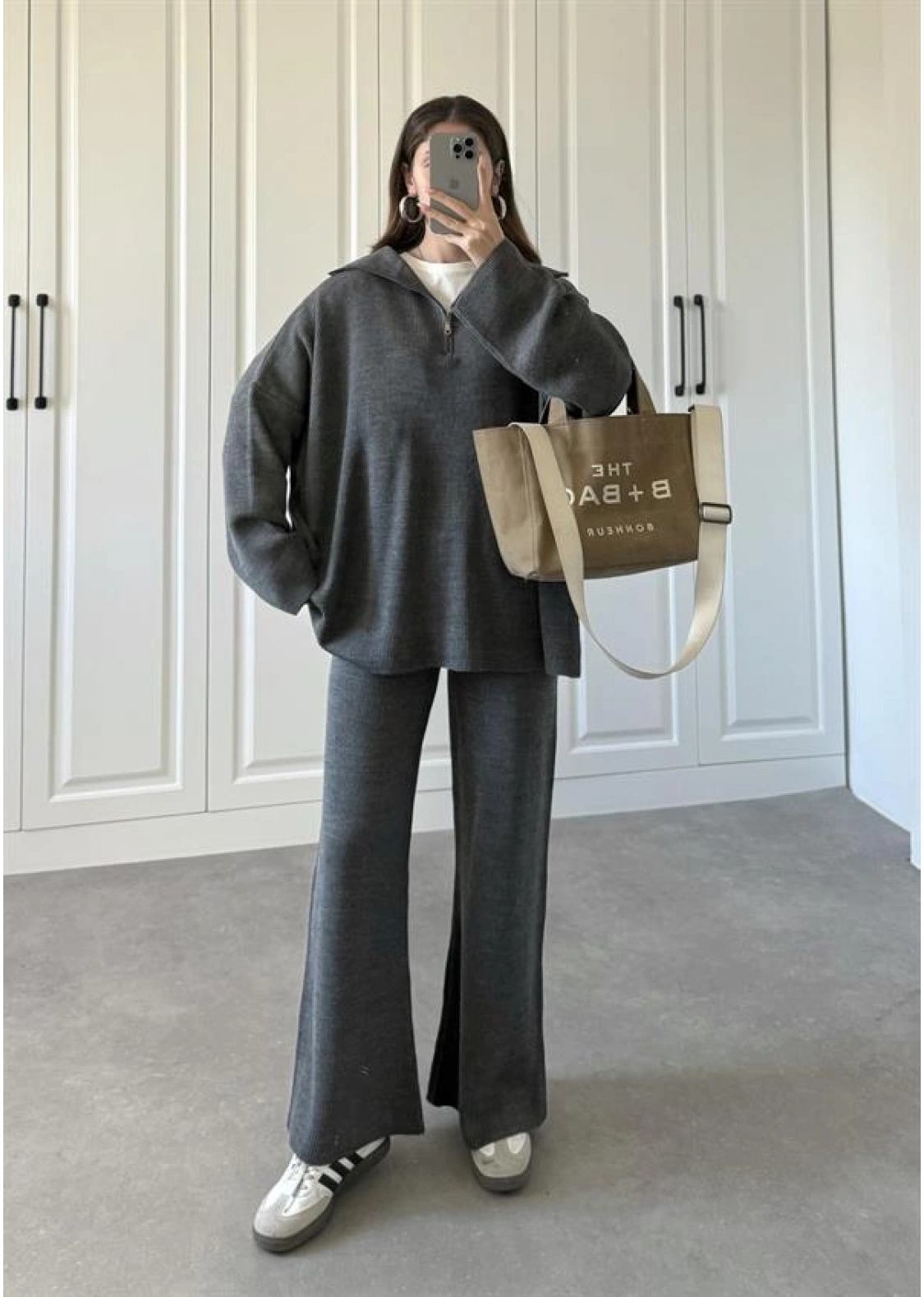 Fermuarlı Oversize Antrasit Triko Takım