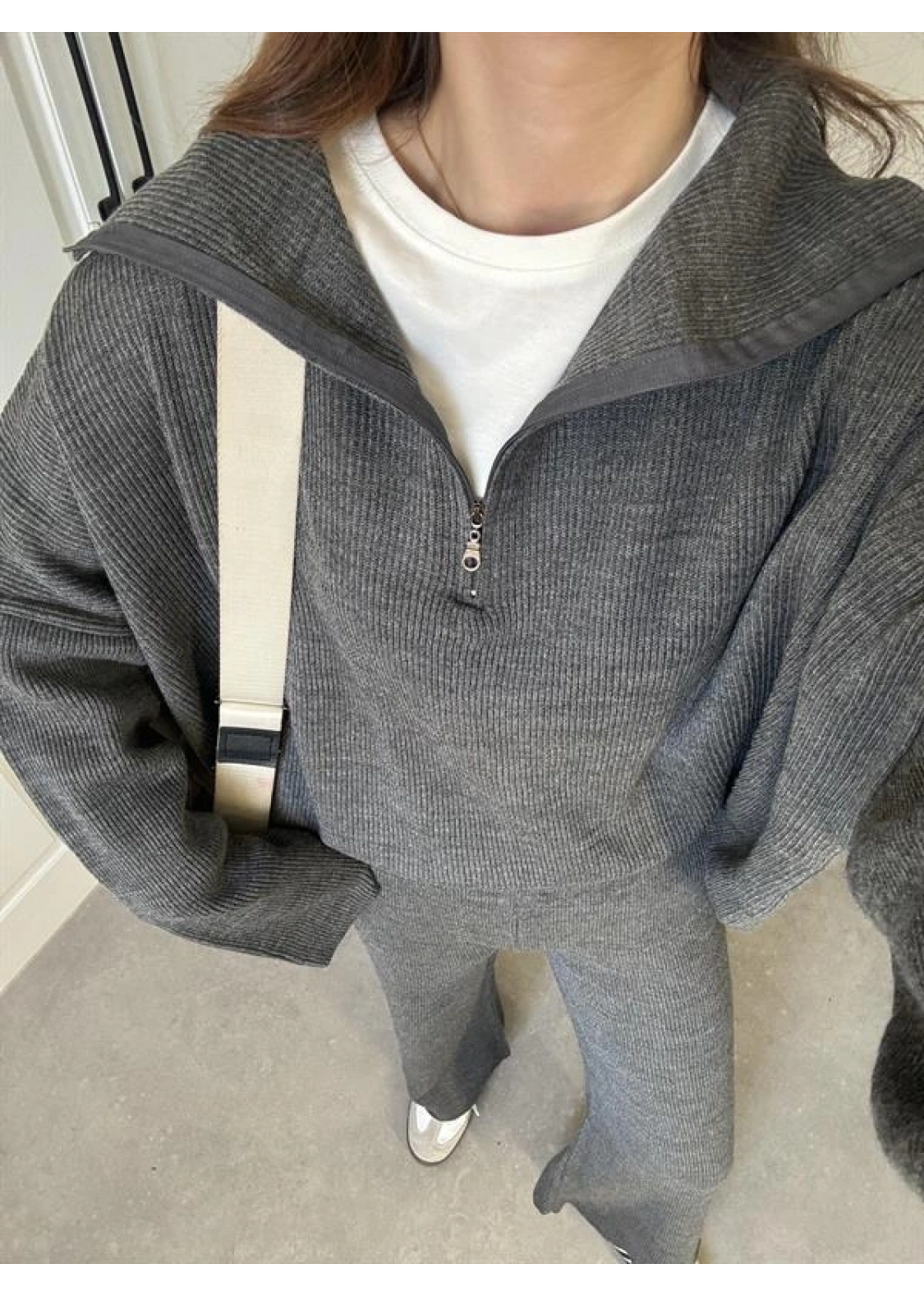 Fermuarlı Oversize Antrasit Triko Takım