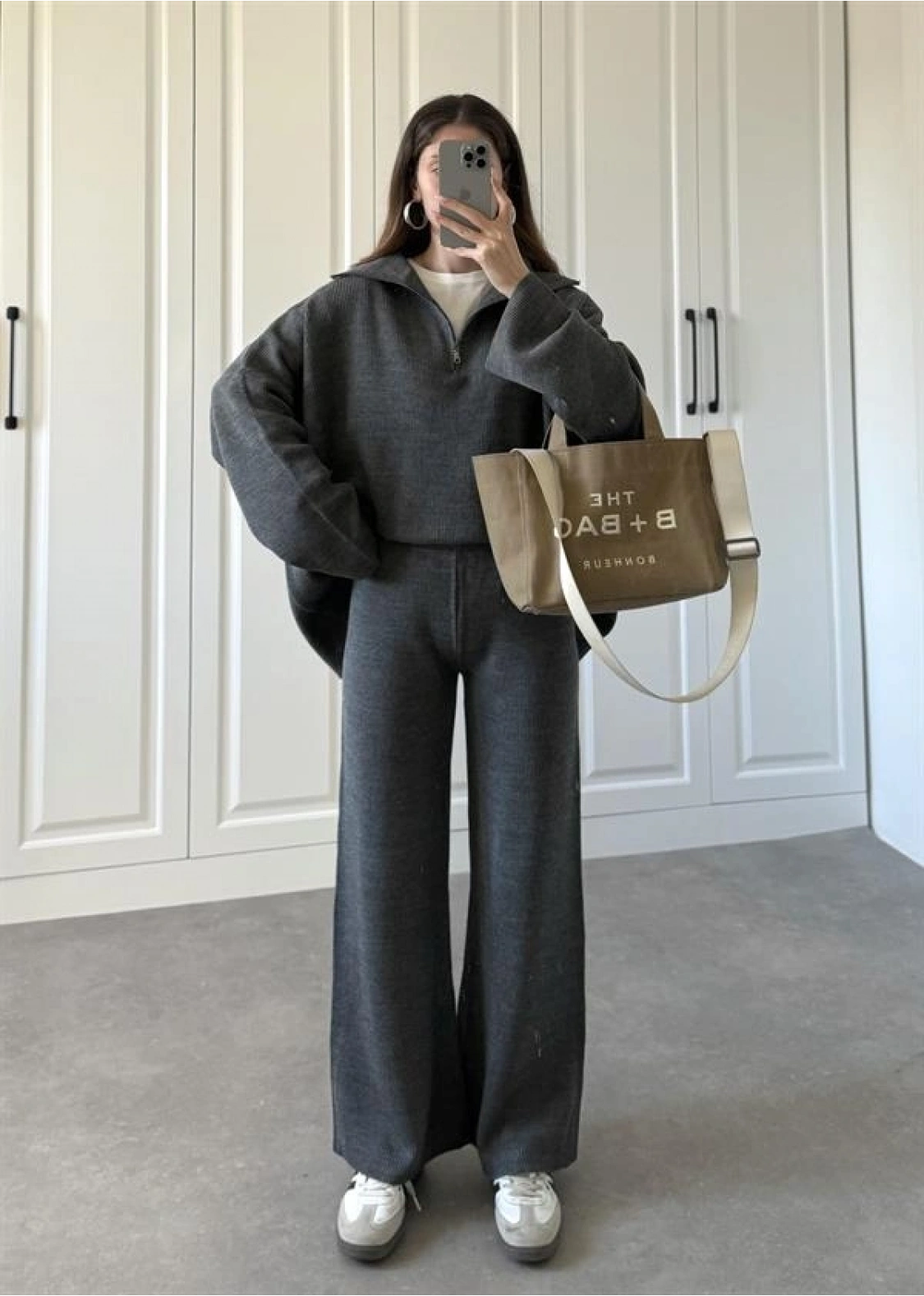 Fermuarlı Oversize Antrasit Triko Takım