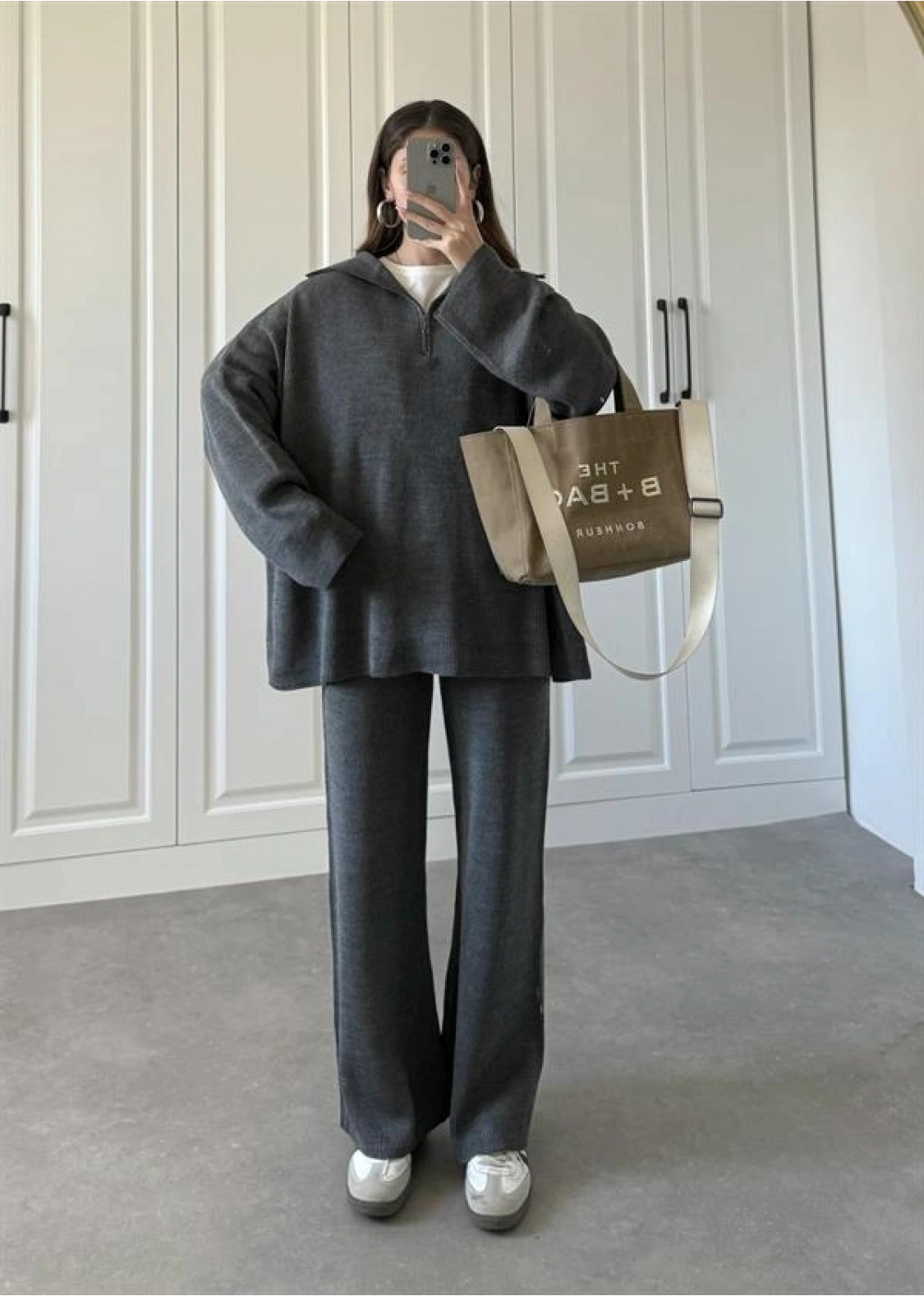 Fermuarlı Oversize Antrasit Triko Takım