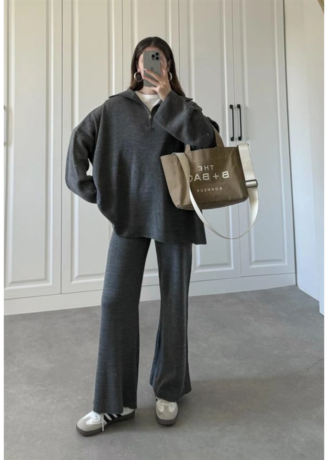 Fermuarlı Oversize Antrasit Triko Takım