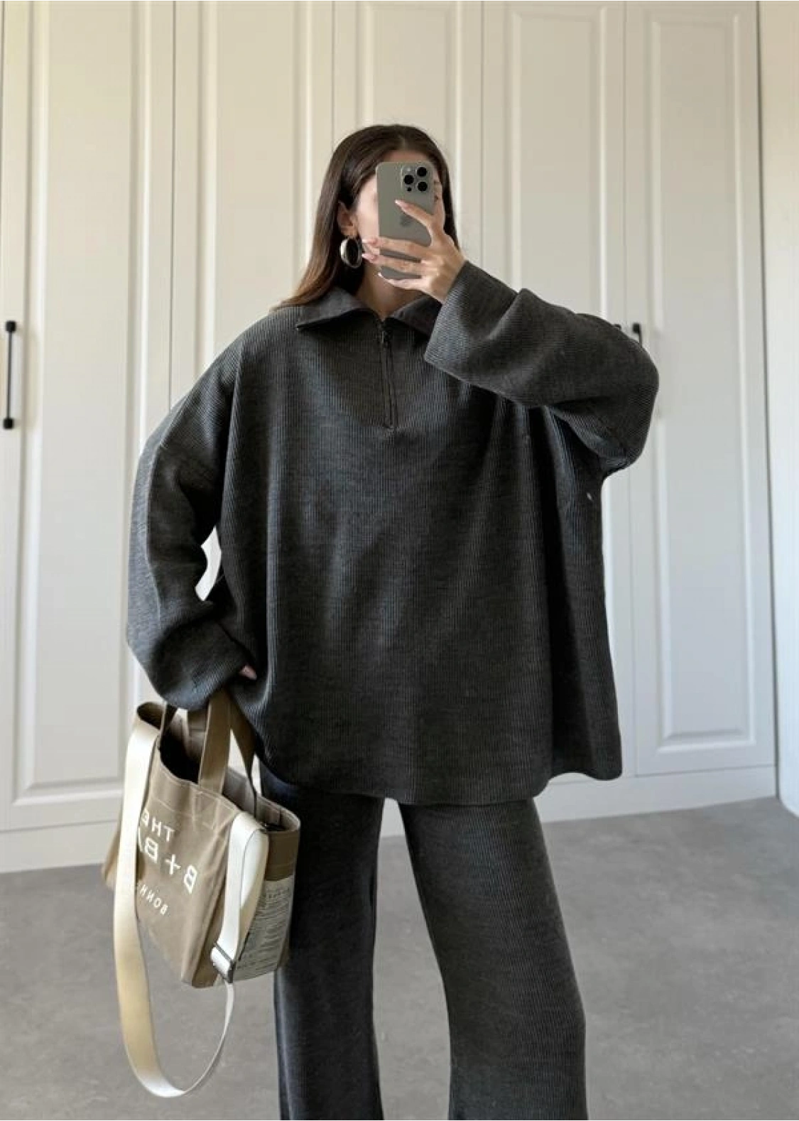 Fermuarlı Oversize Antrasit Triko Takım