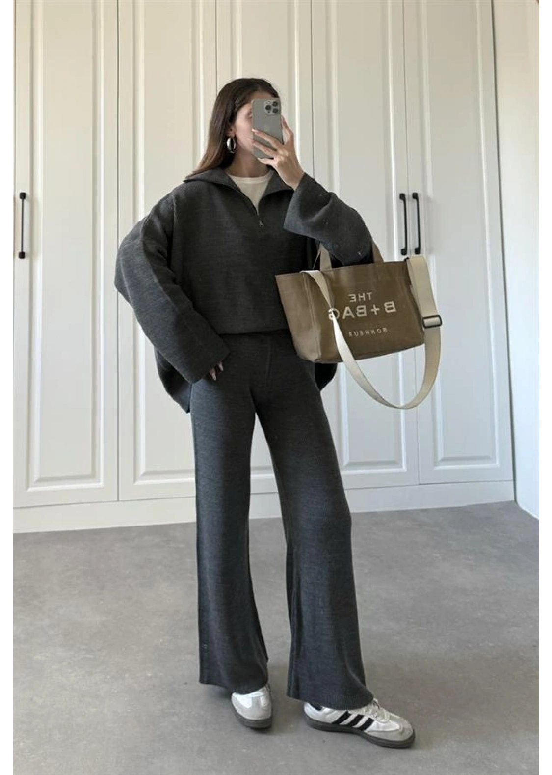 Fermuarlı Oversize Antrasit Triko Takım