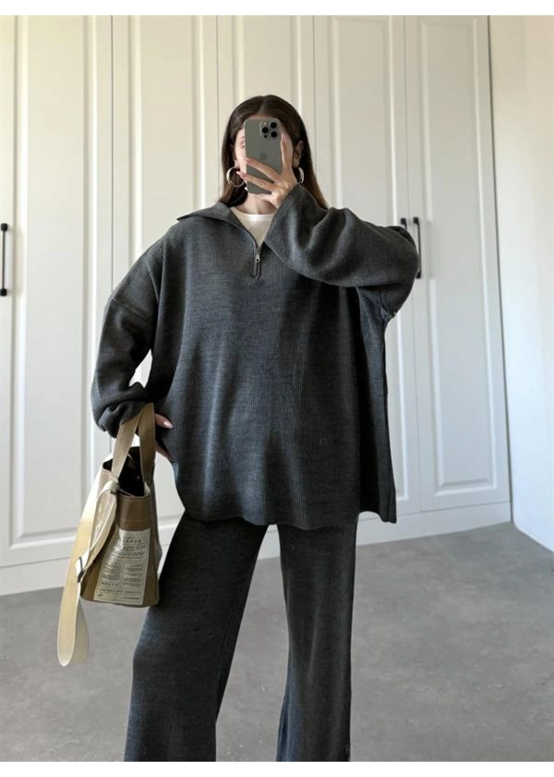 Fermuarlı Oversize Antrasit Triko Takım