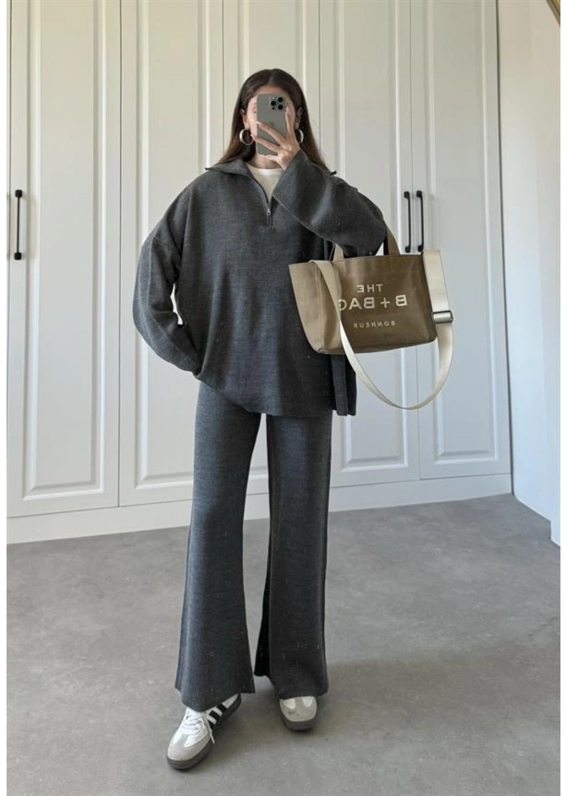 Fermuarlı Oversize Antrasit Triko Takım