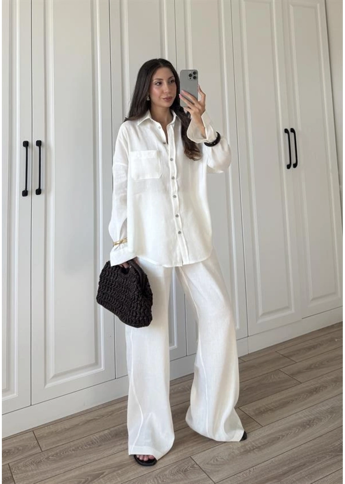 Fina Oversize Premium Keten Beyaz Takım
