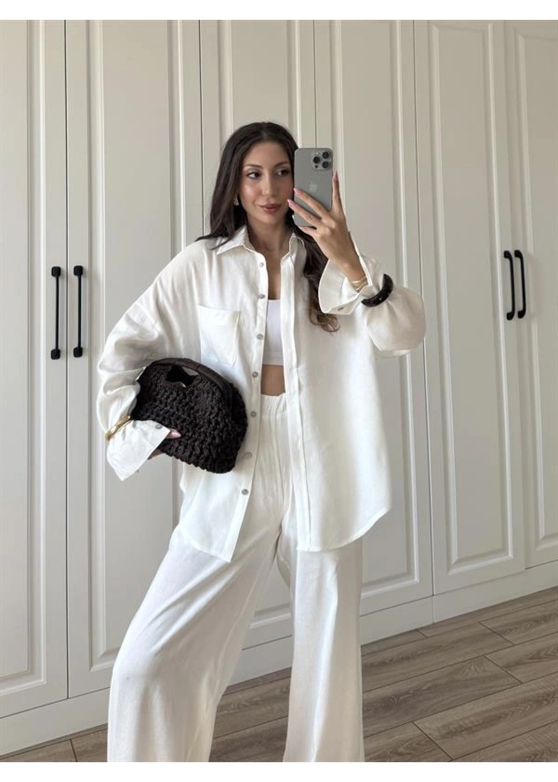 Fina Oversize Premium Keten Beyaz Takım