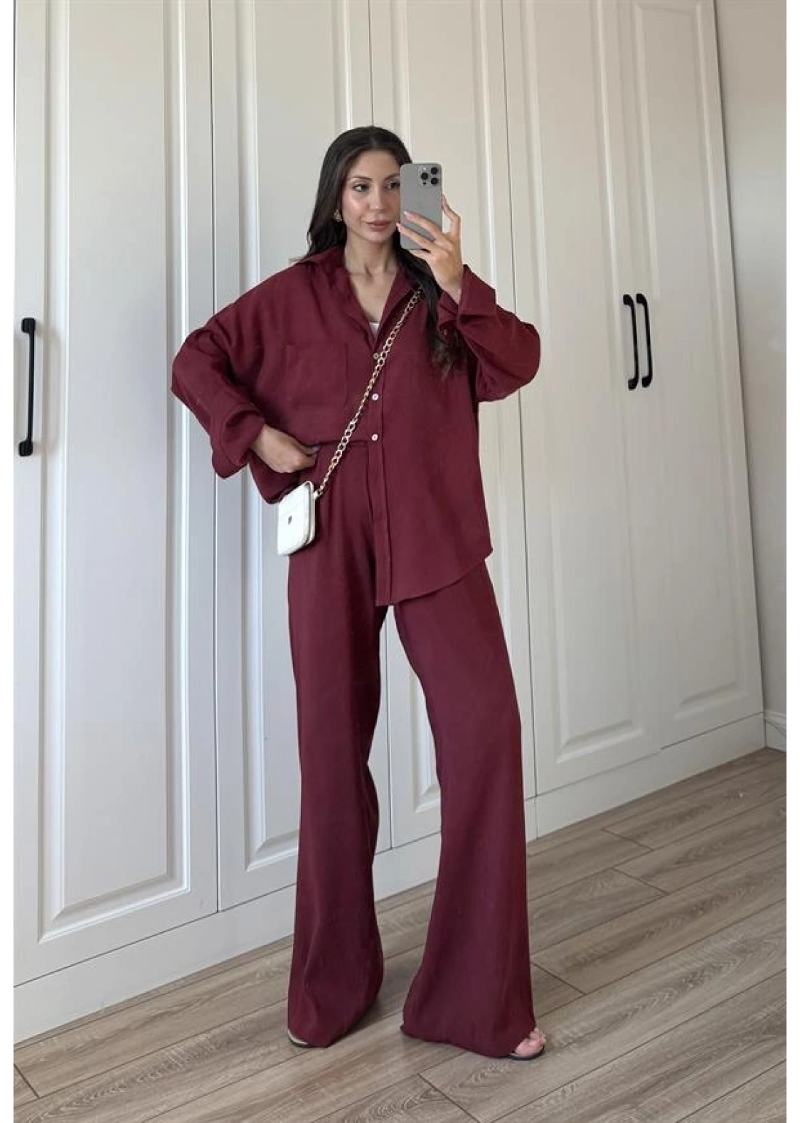 Fina Oversize Premium Keten Bordo Takım