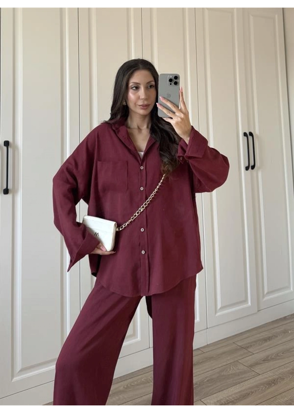Fina Oversize Premium Keten Bordo Takım