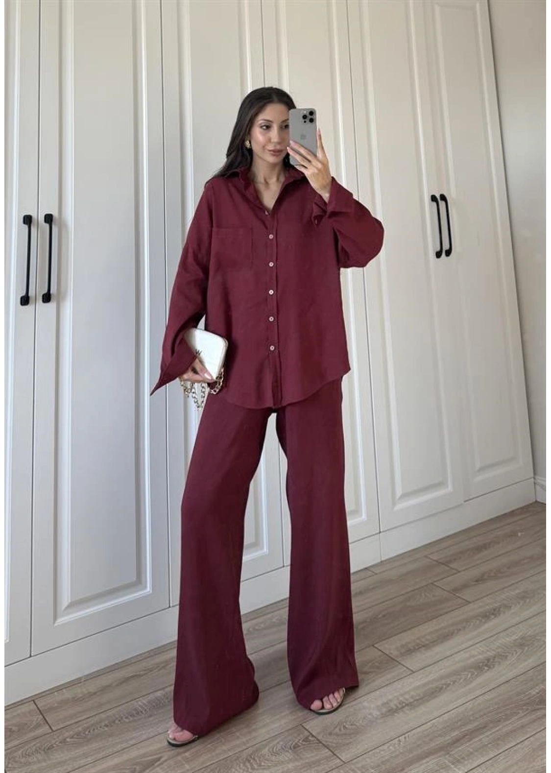 Fina Oversize Premium Keten Bordo Takım