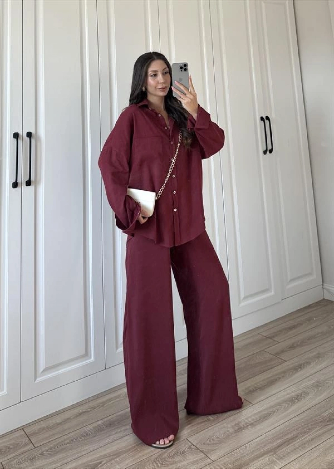 Fina Oversize Premium Keten Bordo Takım