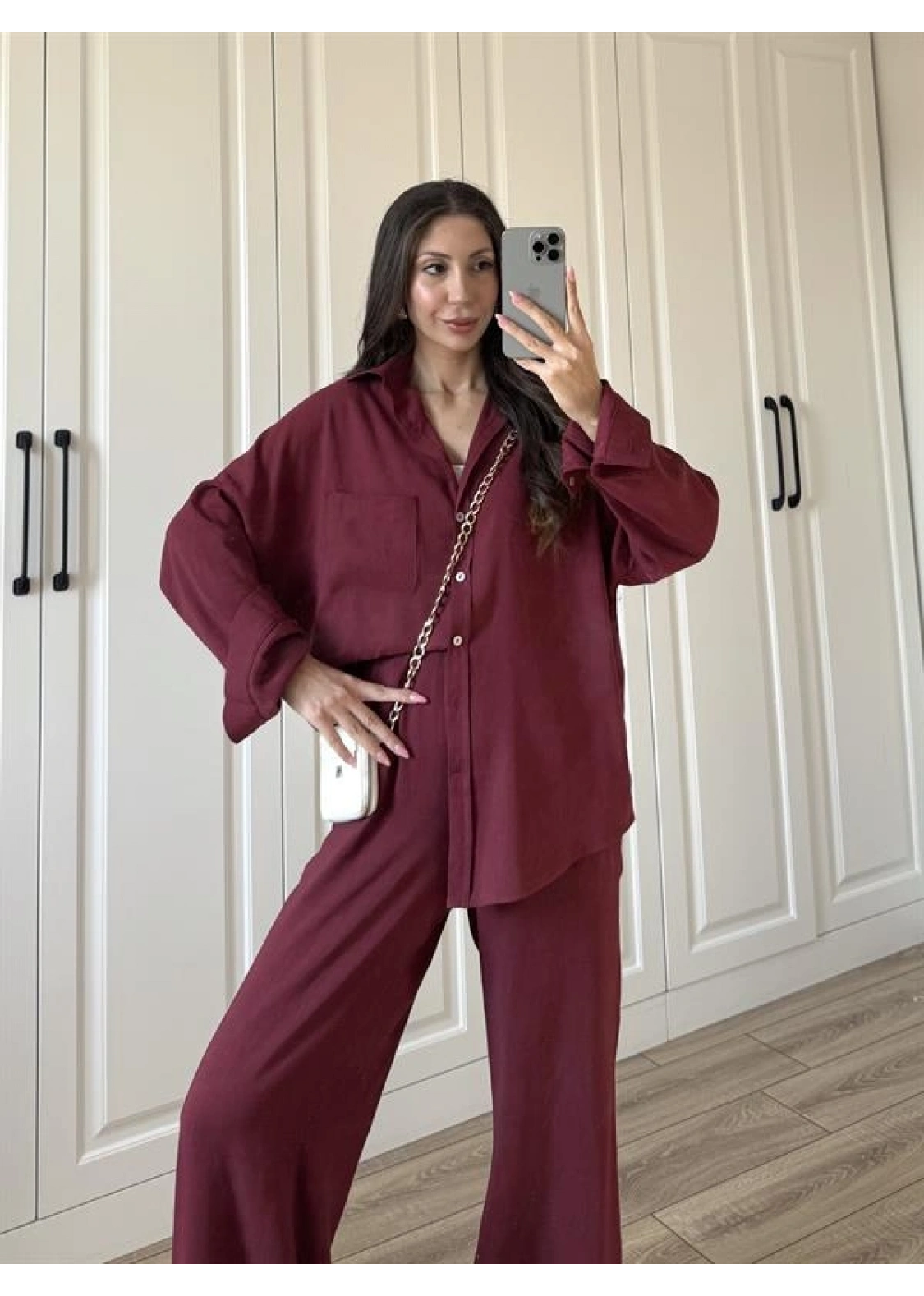 Fina Oversize Premium Keten Bordo Takım