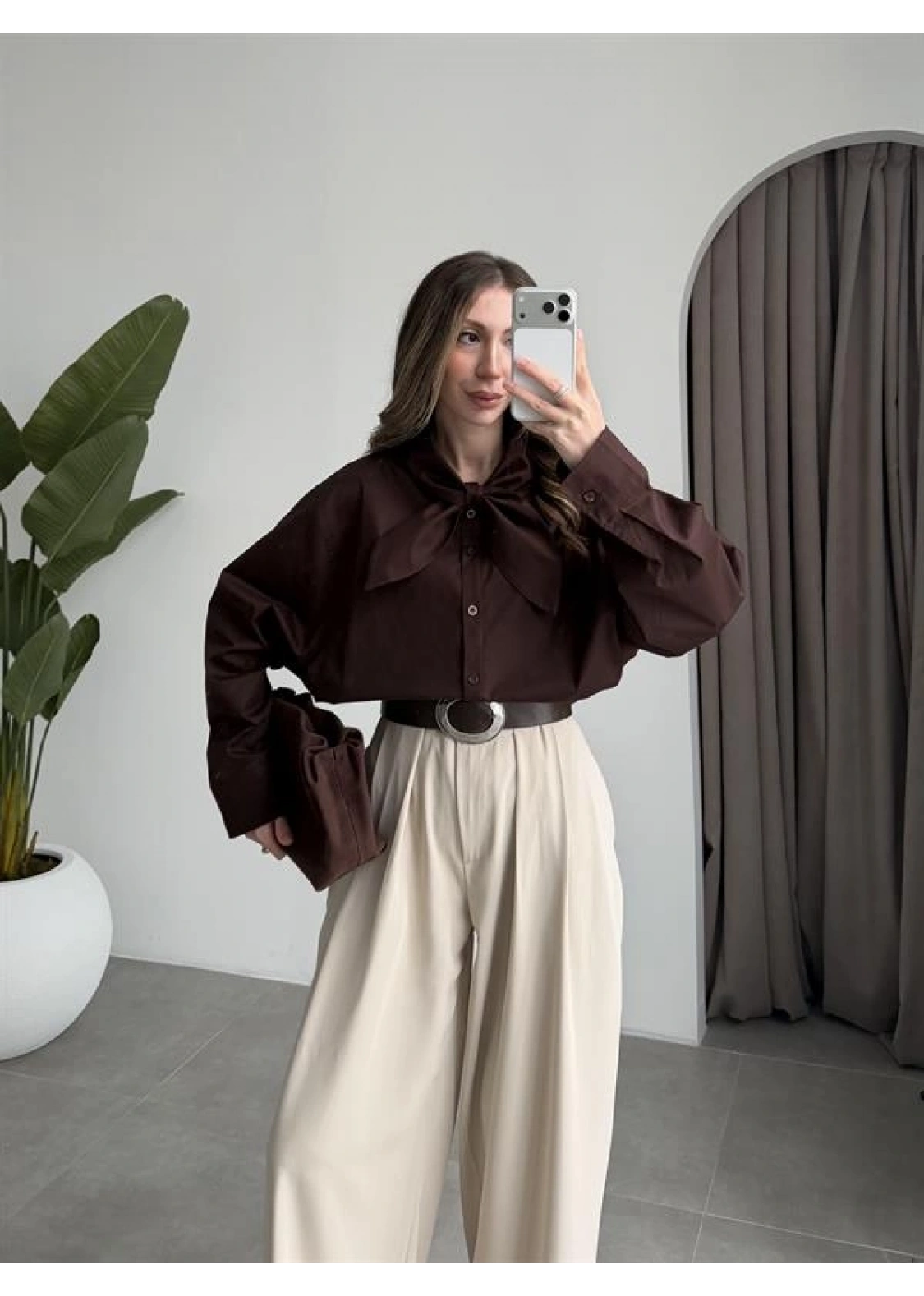 Fiyonklu Tasarım Poplin Kahve Poplin Gömlek