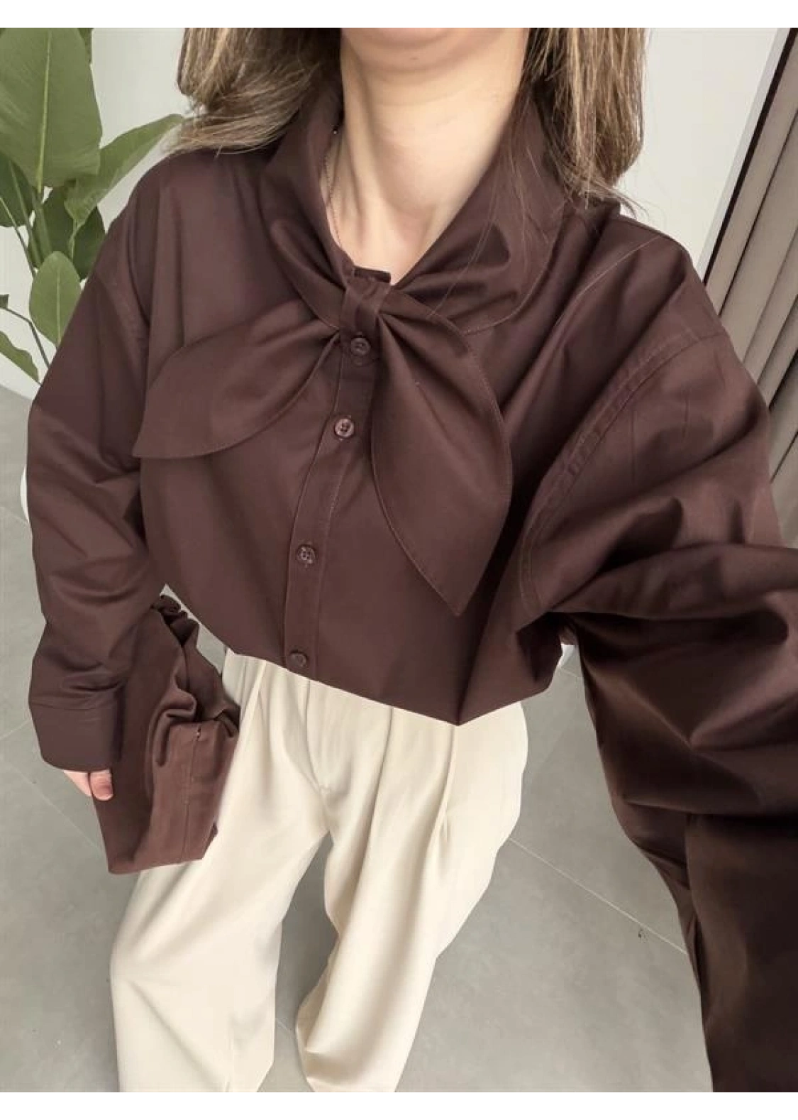 Fiyonklu Tasarım Poplin Kahve Poplin Gömlek