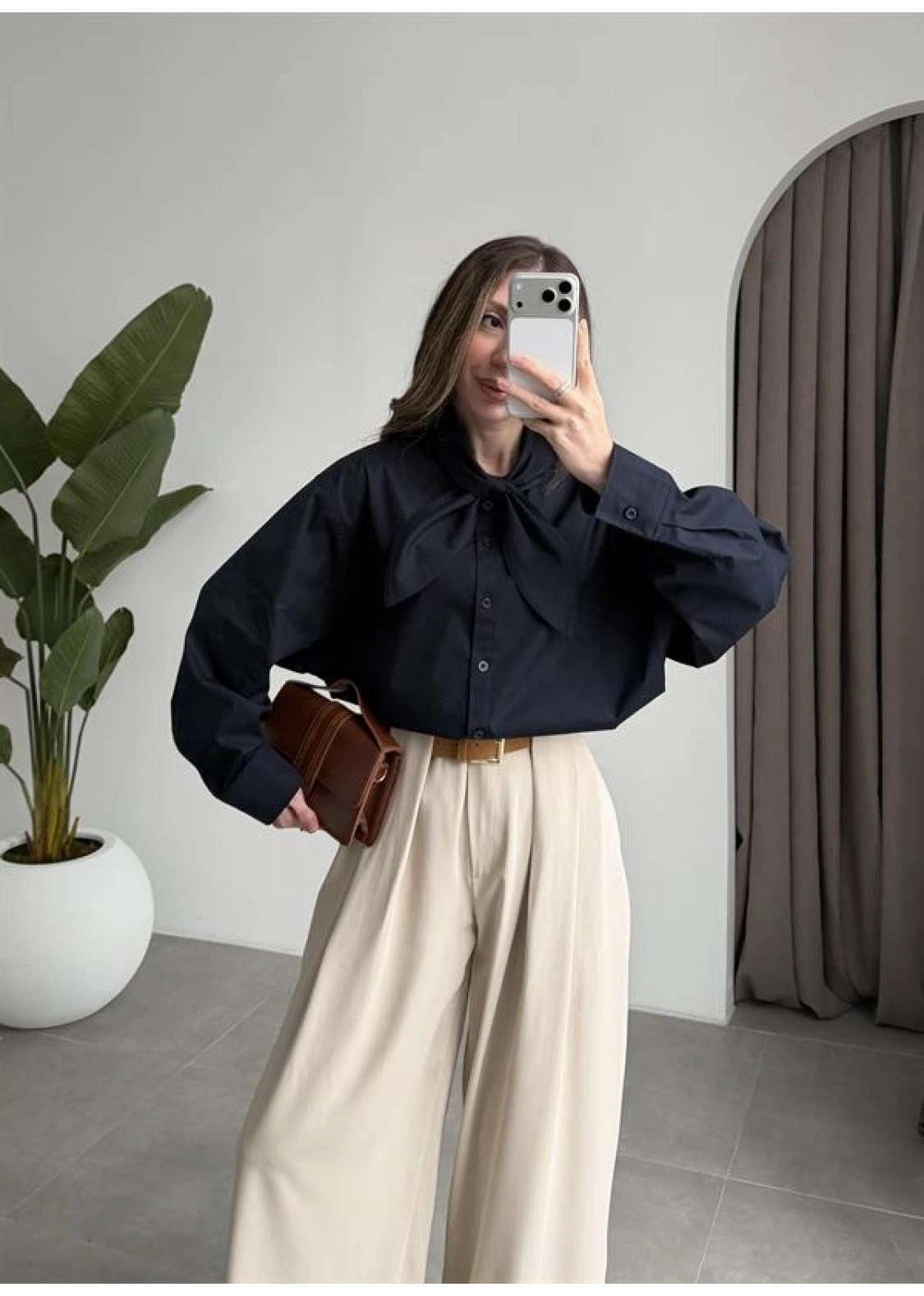 Fiyonklu Tasarım Poplin Lacivert Poplin Gömlek