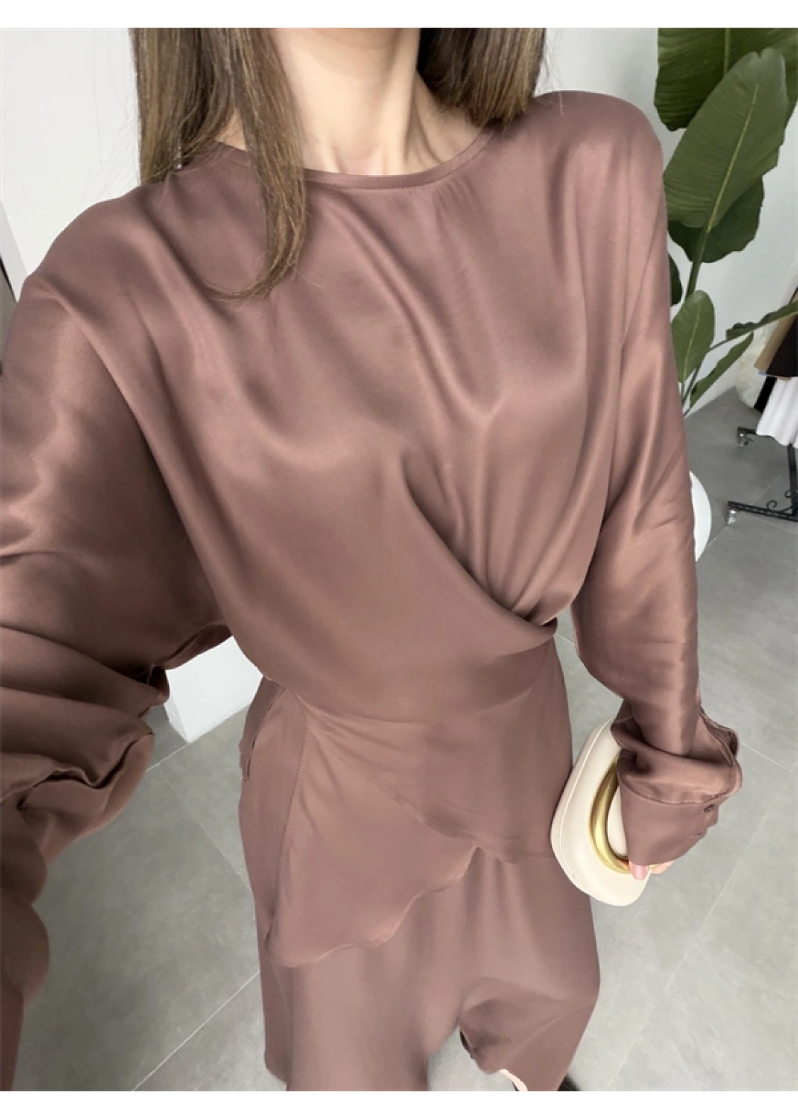 Floş Saten Bağlamalı Kahve Etek Takım