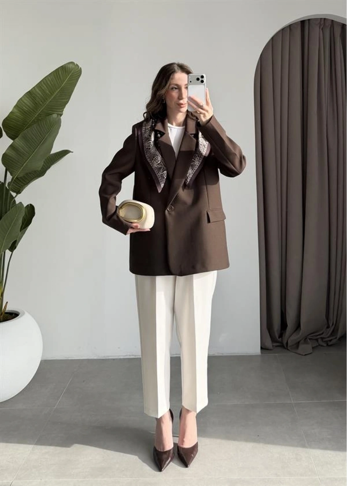 Fular Detaylı Astarlı Kahve Blazer Ceket