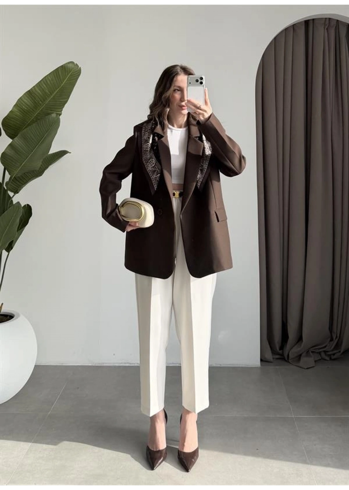 Fular Detaylı Astarlı Kahve Blazer Ceket