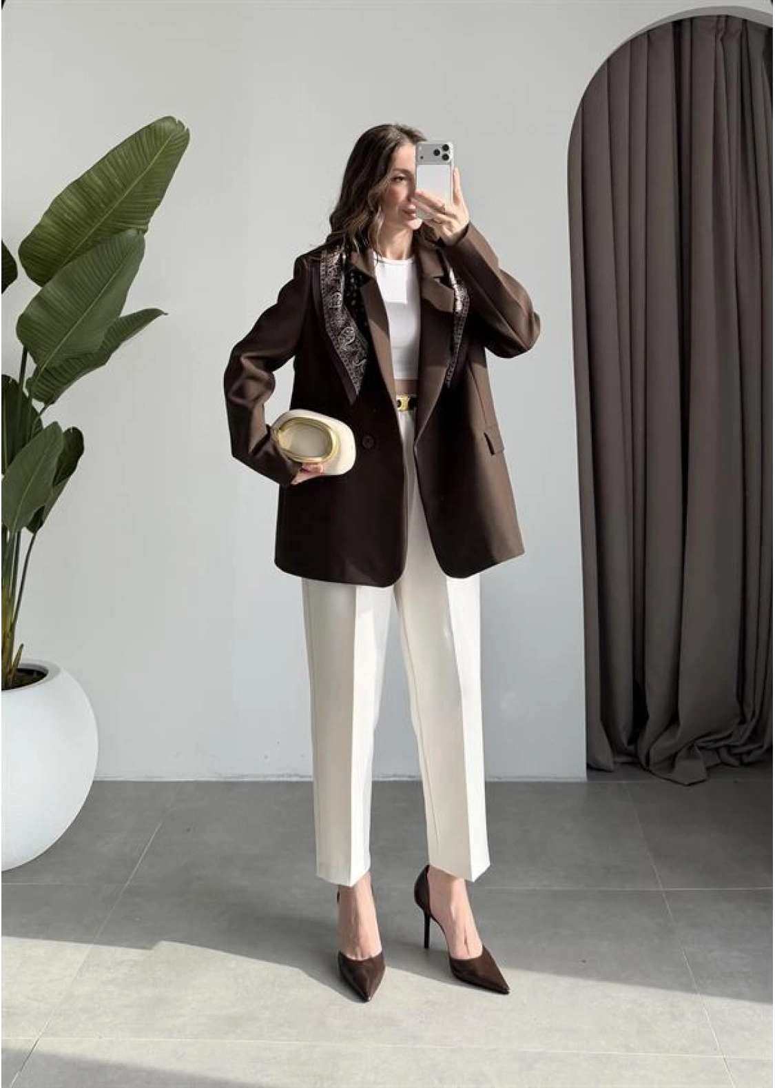 Fular Detaylı Astarlı Kahve Blazer Ceket