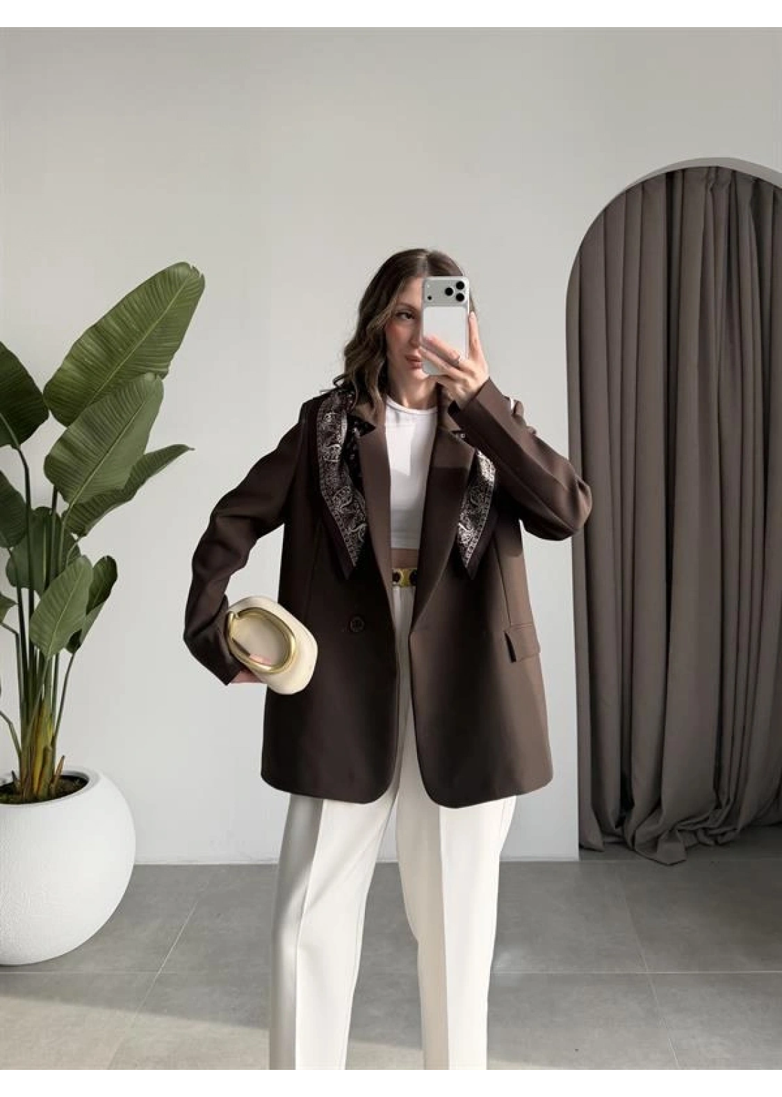 Fular Detaylı Astarlı Kahve Blazer Ceket