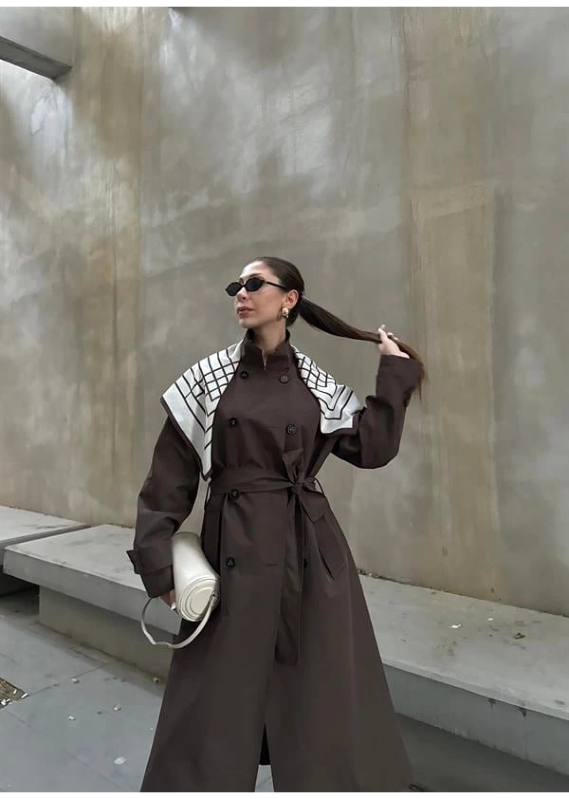 Fularlı Oversize Premium Kahve Trençkot