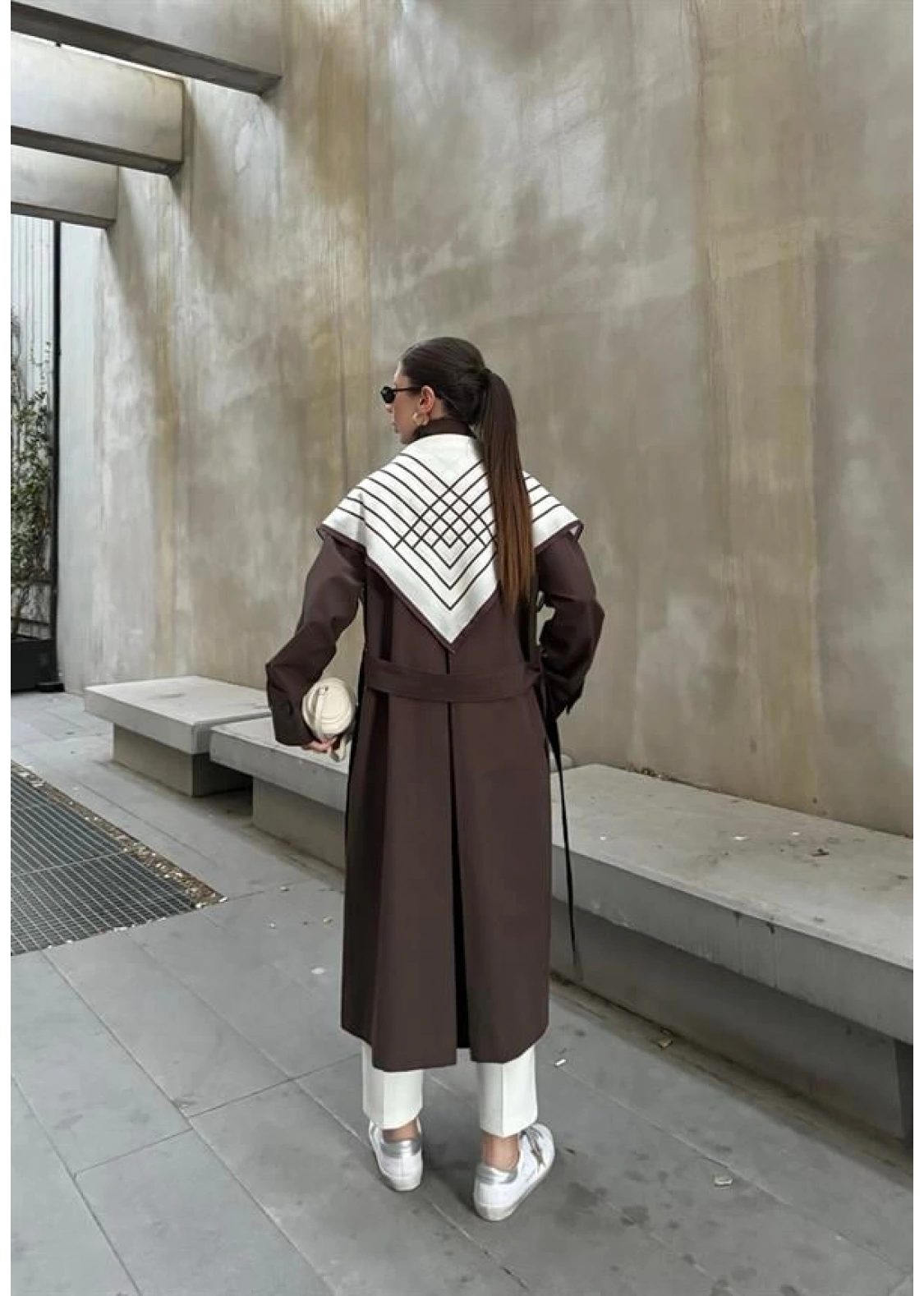 Fularlı Oversize Premium Kahve Trençkot