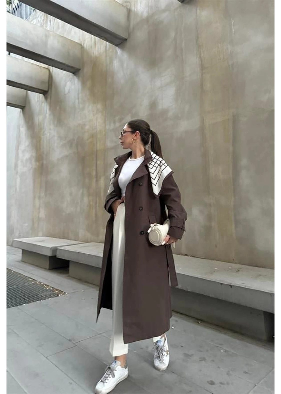 Fularlı Oversize Premium Kahve Trençkot