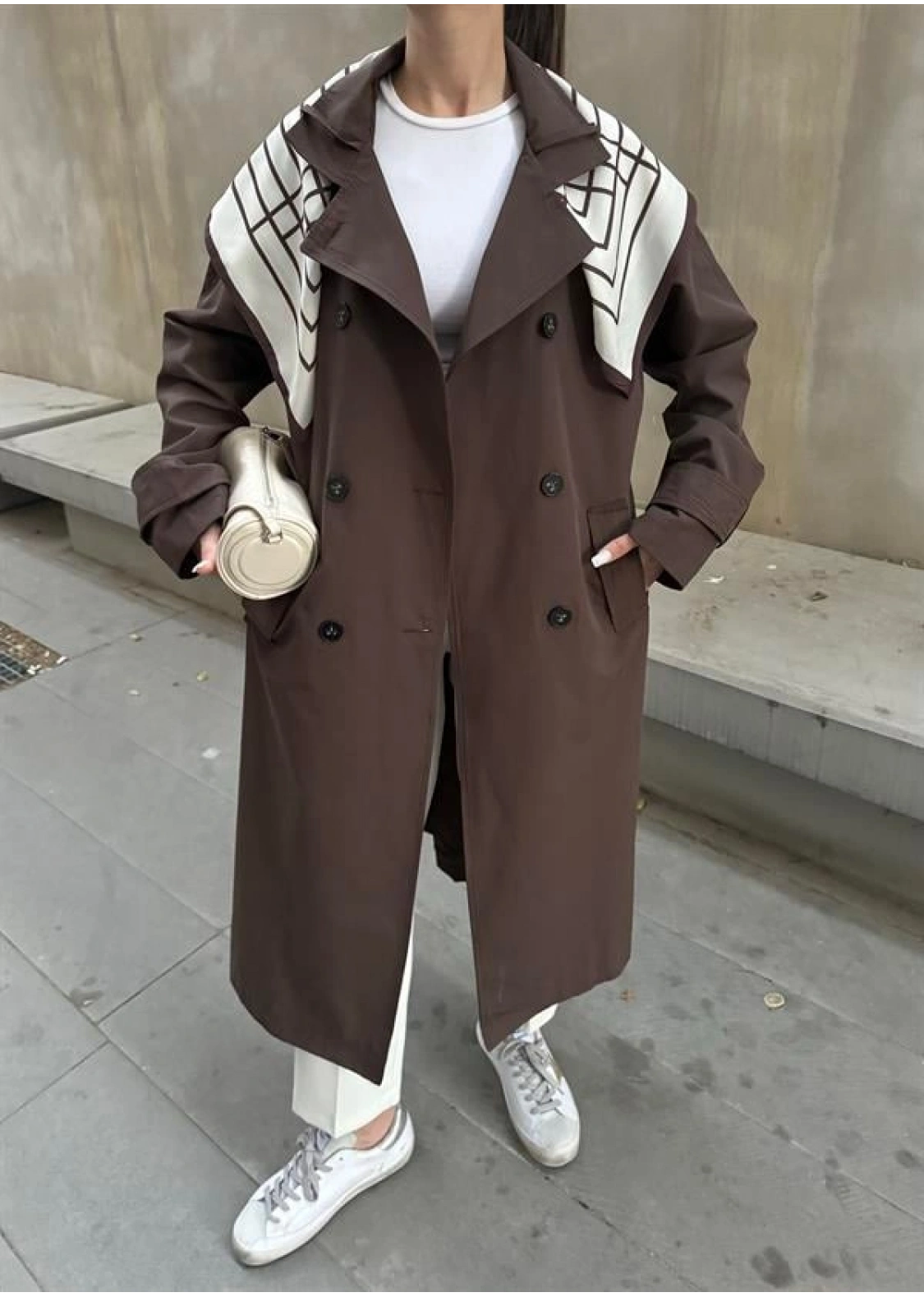 Fularlı Oversize Premium Kahve Trençkot