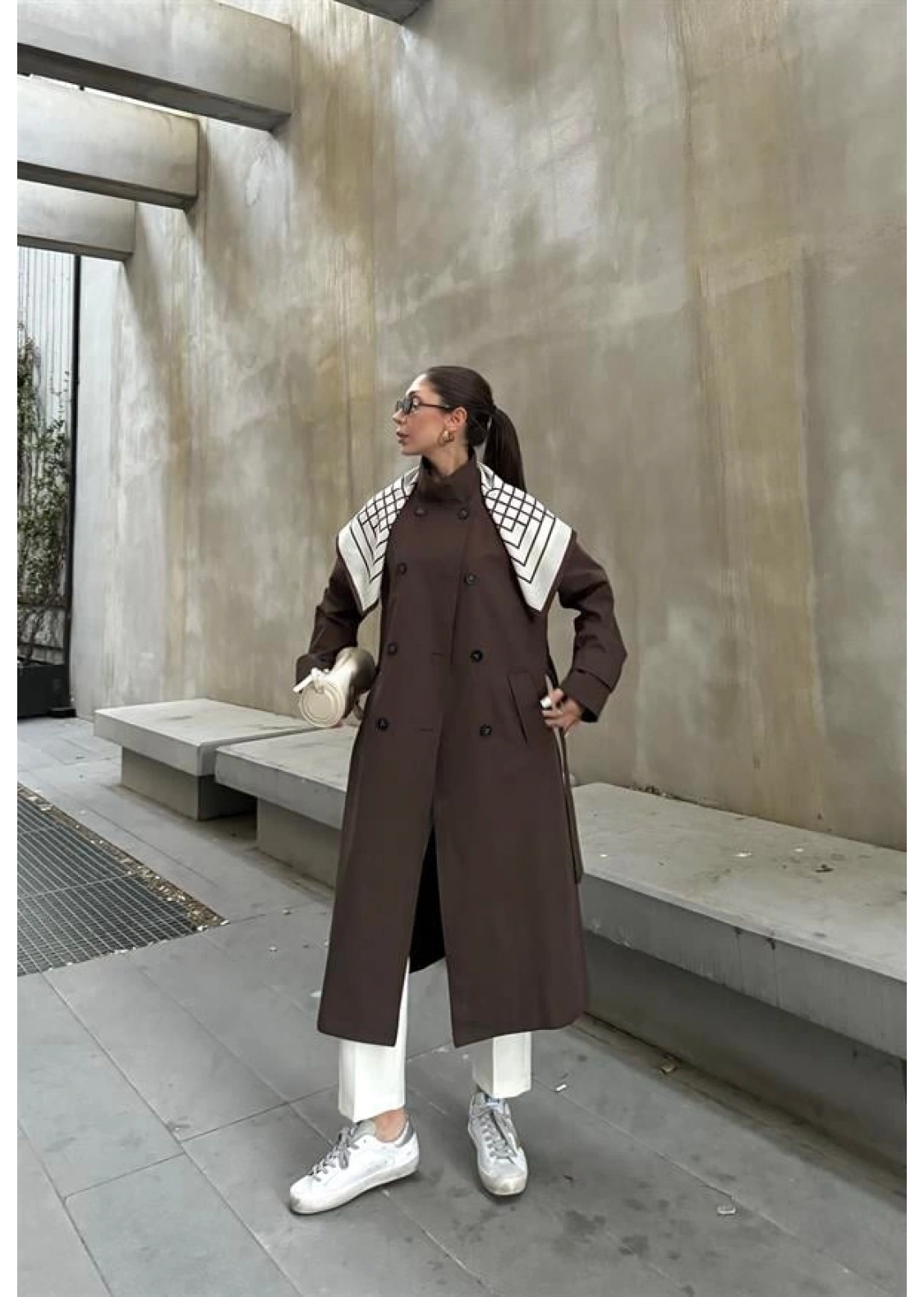 Fularlı Oversize Premium Kahve Trençkot