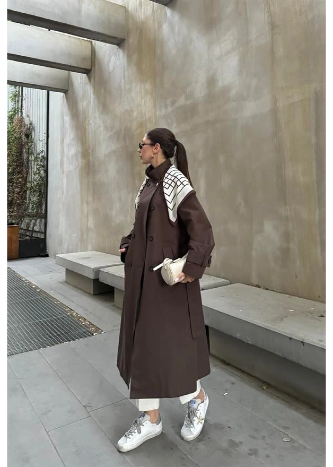 Fularlı Oversize Premium Kahve Trençkot