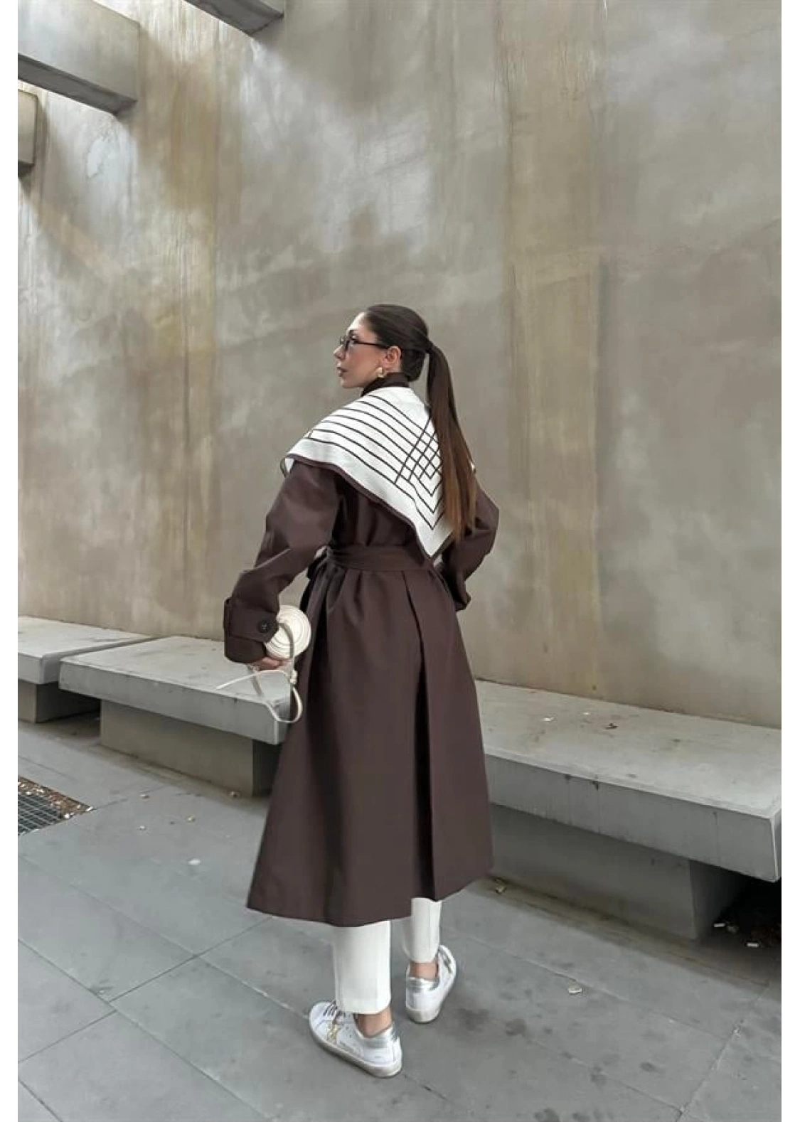 Fularlı Oversize Premium Kahve Trençkot
