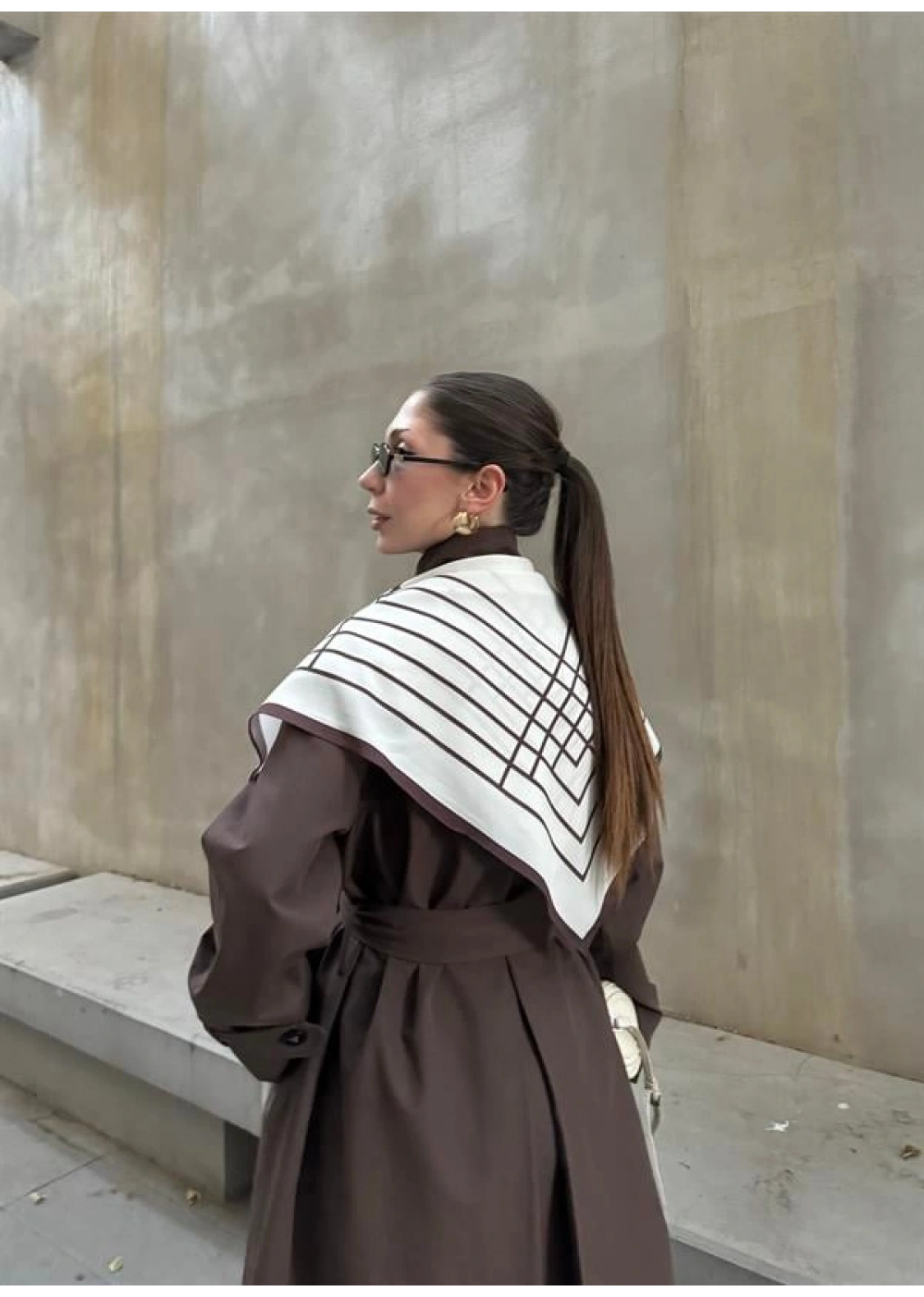 Fularlı Oversize Premium Kahve Trençkot