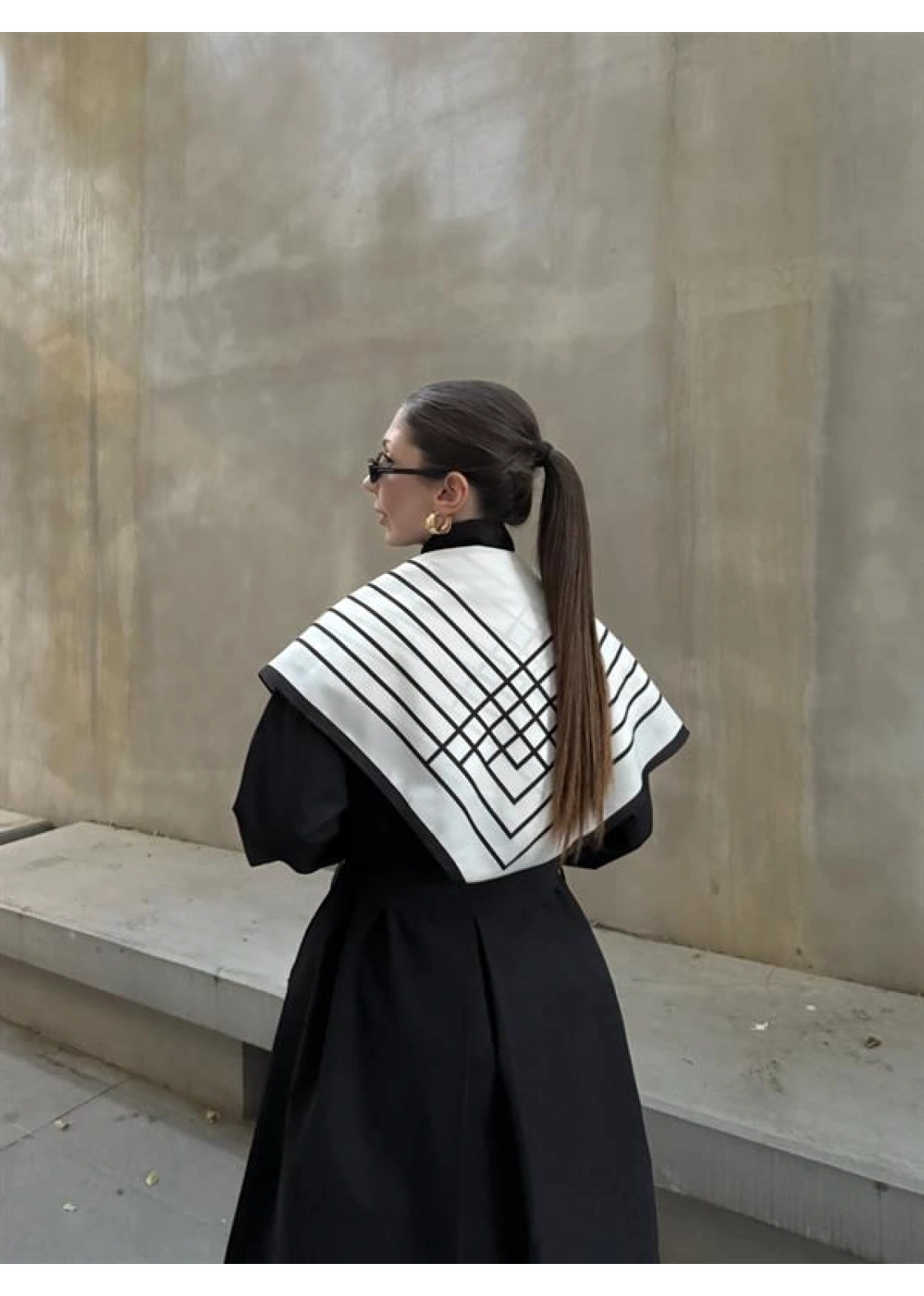 Fularlı Oversize Premium Siyah  Trençkot