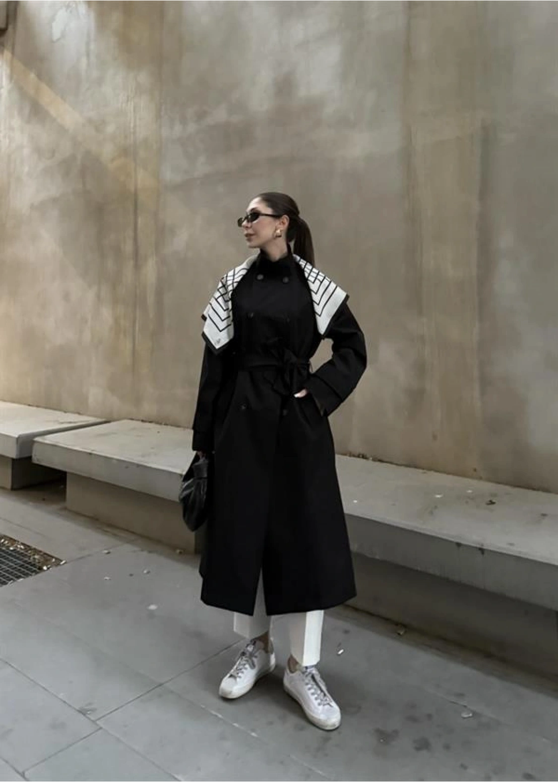 Fularlı Oversize Premium Siyah  Trençkot