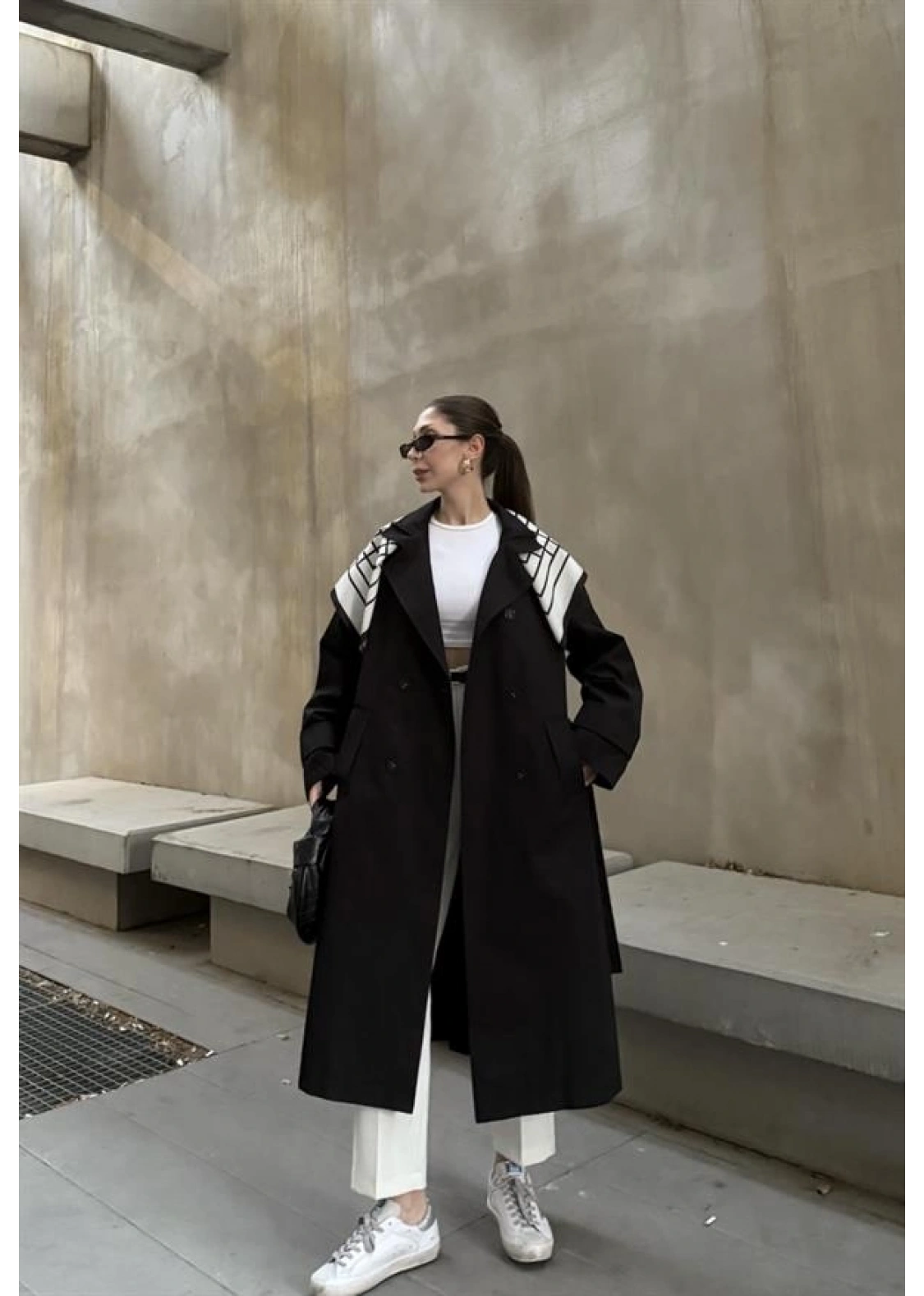 Fularlı Oversize Premium Siyah  Trençkot